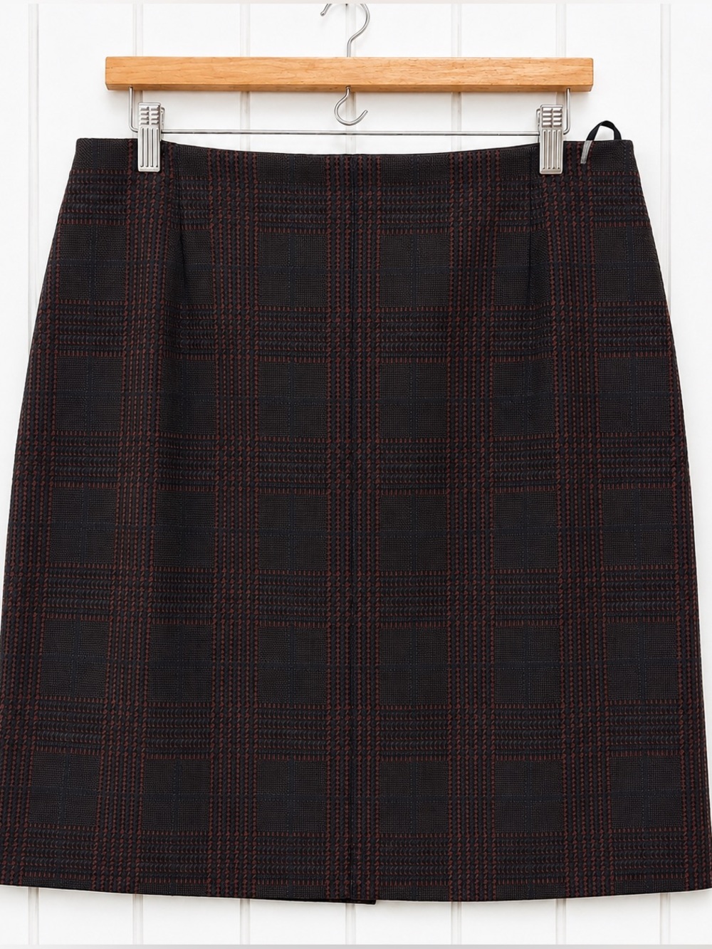 BOSS Hugo Boss Vidar Glen Check Wool Blend Pencil Skirt US 12 Deep Navy Burgundy